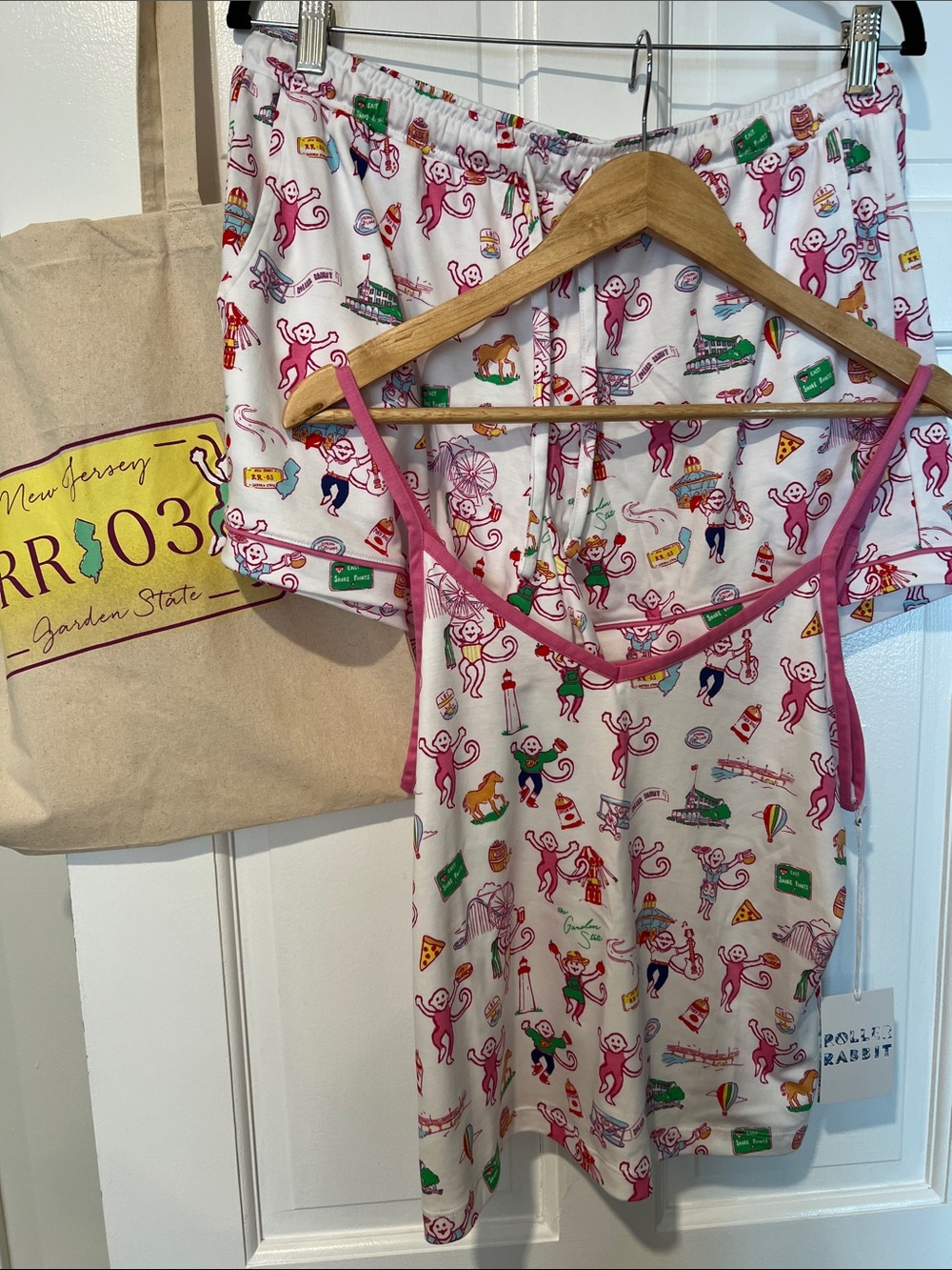 Roller Rabbit White Pajama Set with Pink Novelty Monkey Print
